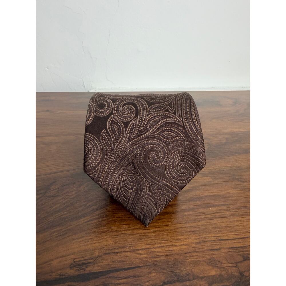 DONALD‎ TRUMP Men Woven Silk Tie Brown Mocha White PAISLEY Handmade EUC